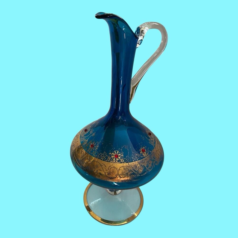 VTG Italian Venetian Murano Aqua Blue Glass Gold Gilt Red Jewels Ewer Decanter